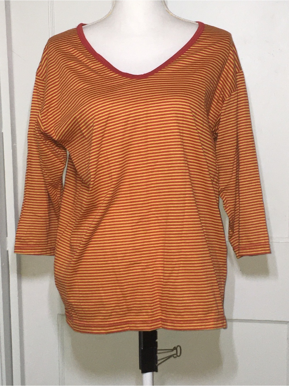 Calvin Klein Orange Striped V‑Neck Long Sleeve Top